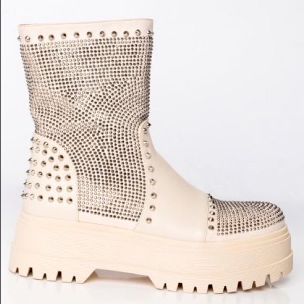 Ivory Chelsea Vegan Leather Rhinestone Studded Rubber Heeled RainBoots